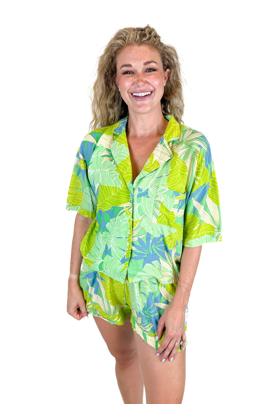 En Creme Leaf Print Linen Top and Shorts Set (L)