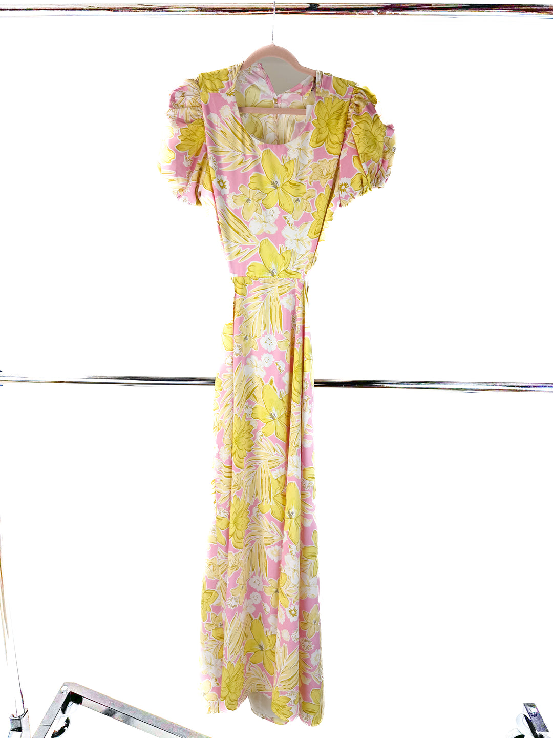 petal + pup pink/yellow floral maxi dress (m)