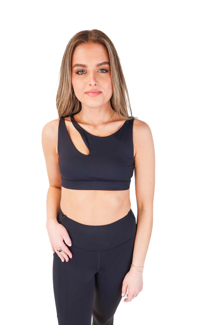 Alo Black Shoulder Cutout Sports Bra (S)