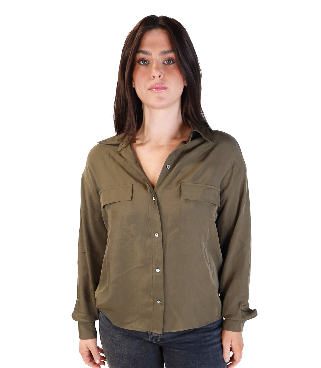 Vince olive green satin button up (m; retail $238)