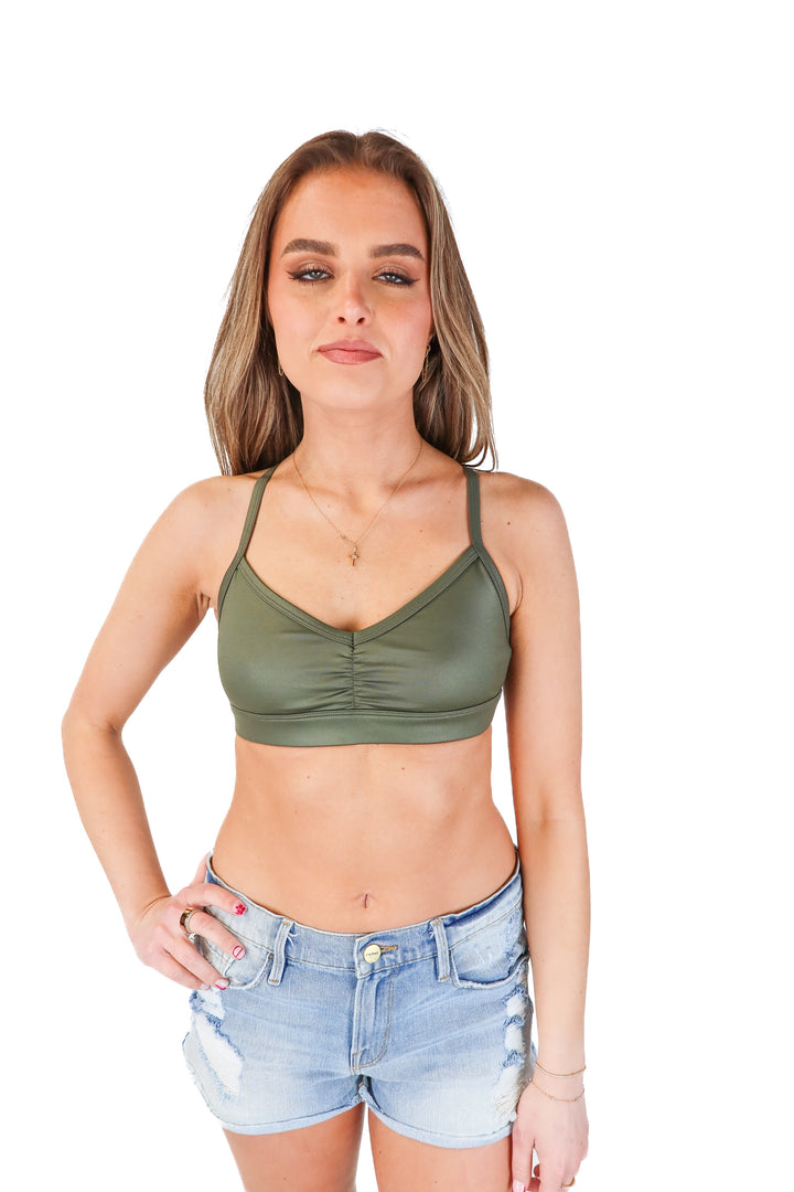 Alo Olive Ruched Front Strappy Back Sports Bra (S)