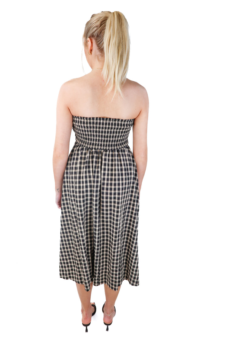 avara checkered strapless midi dress NWT (xs; retails for $112)