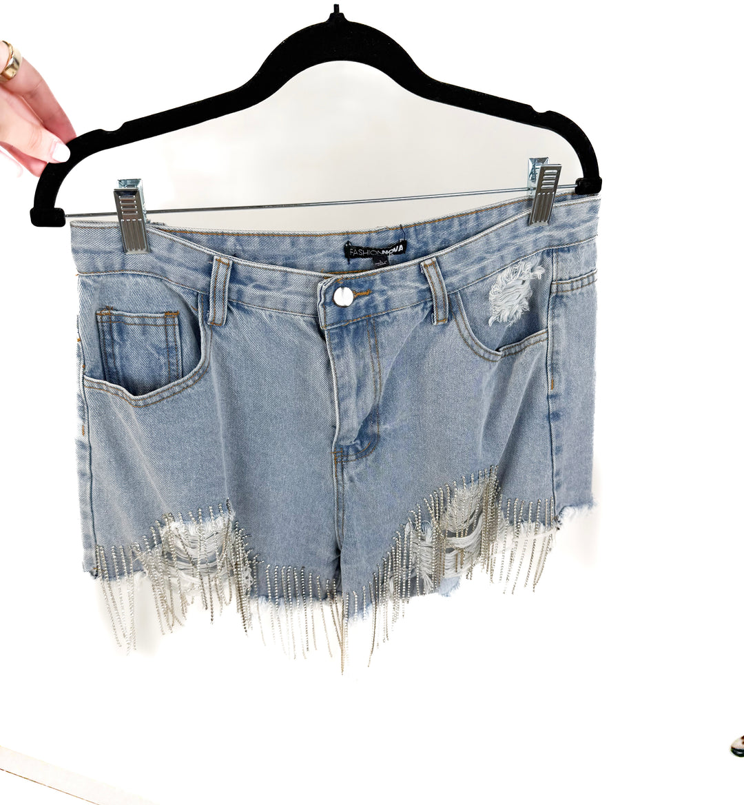fashion nova denim rhinestone shorts (L)