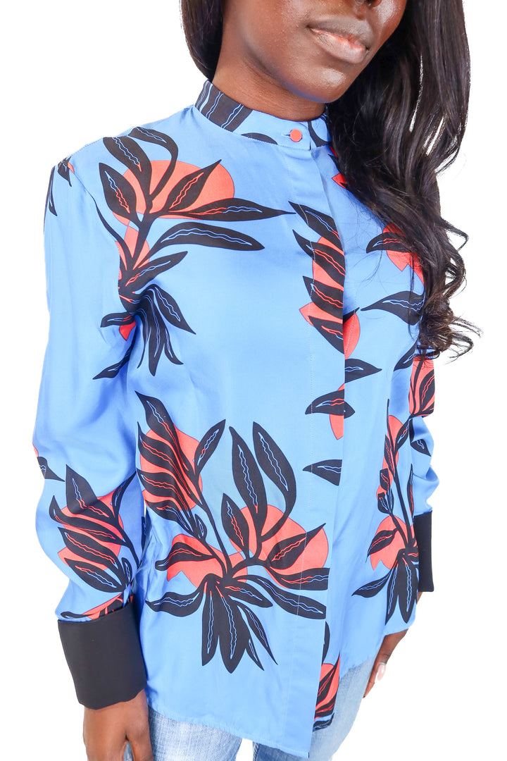 SLAY Roksanda Blue Tropical Floral Silk Button Down Blouse (8; retails $850)