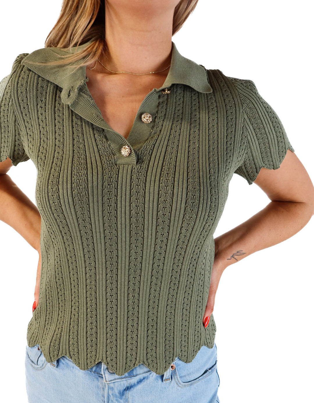 Express green crotchet collared tee (m)