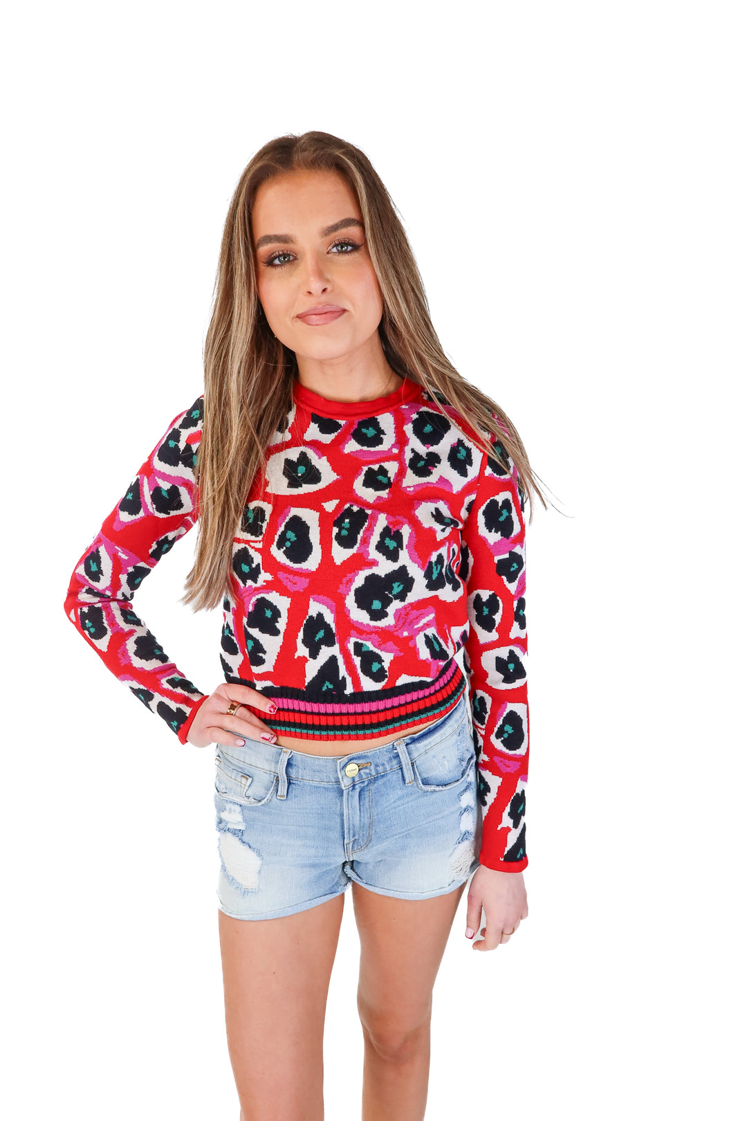 SLAY Diane Von Furstenberg Red Animal Print Cropped Sweater (S)