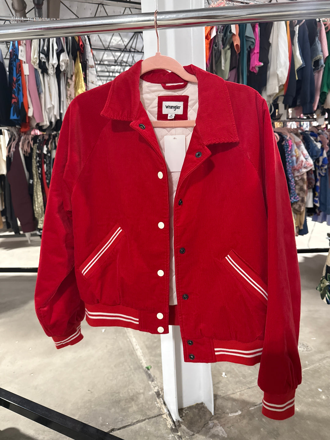 SOLD: Wrangler red corduroy varsity bomber jacket NWOT (M; retails for $150)