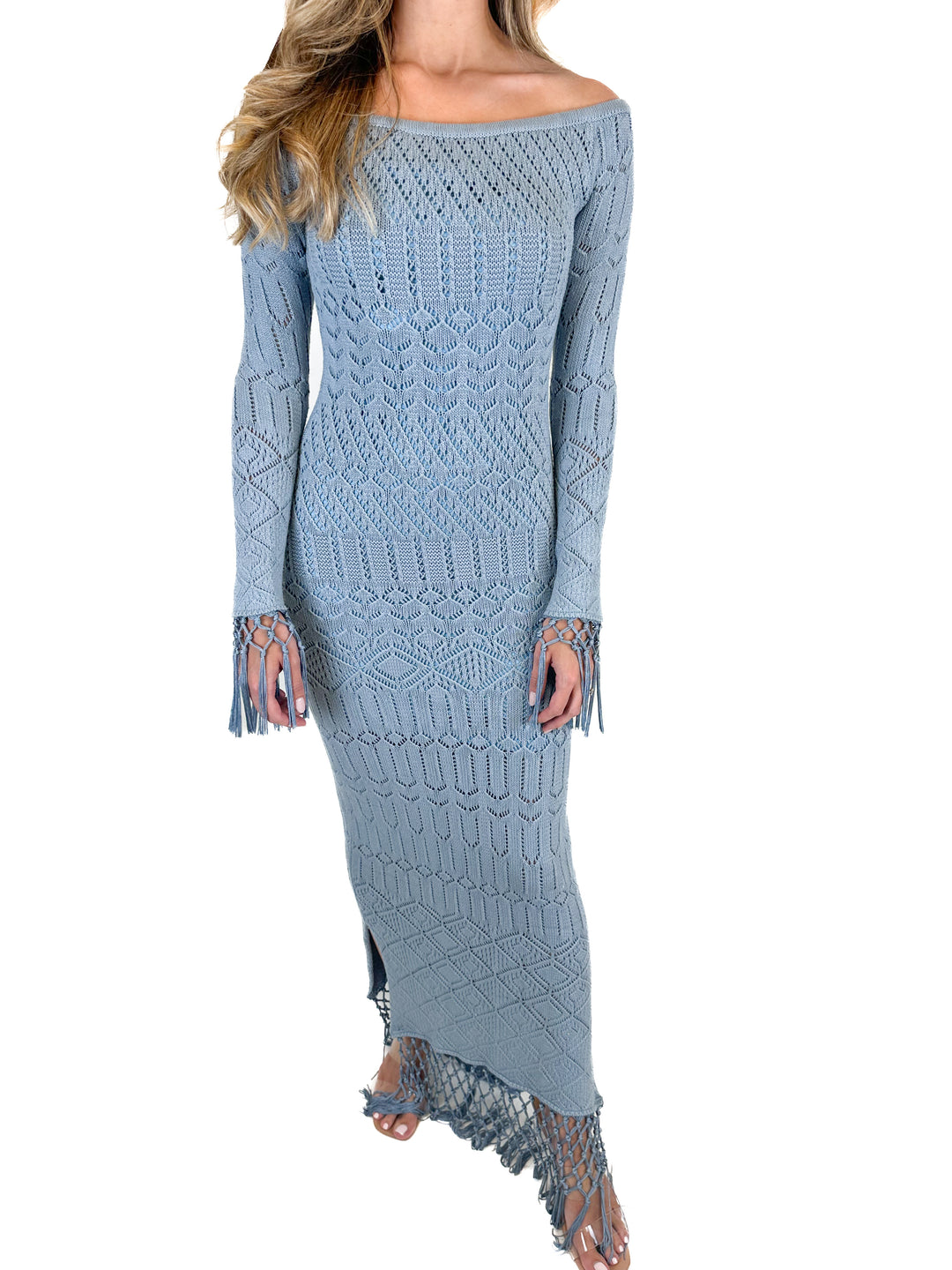 House of Harlow Blue Knit Fringe Dress (S)