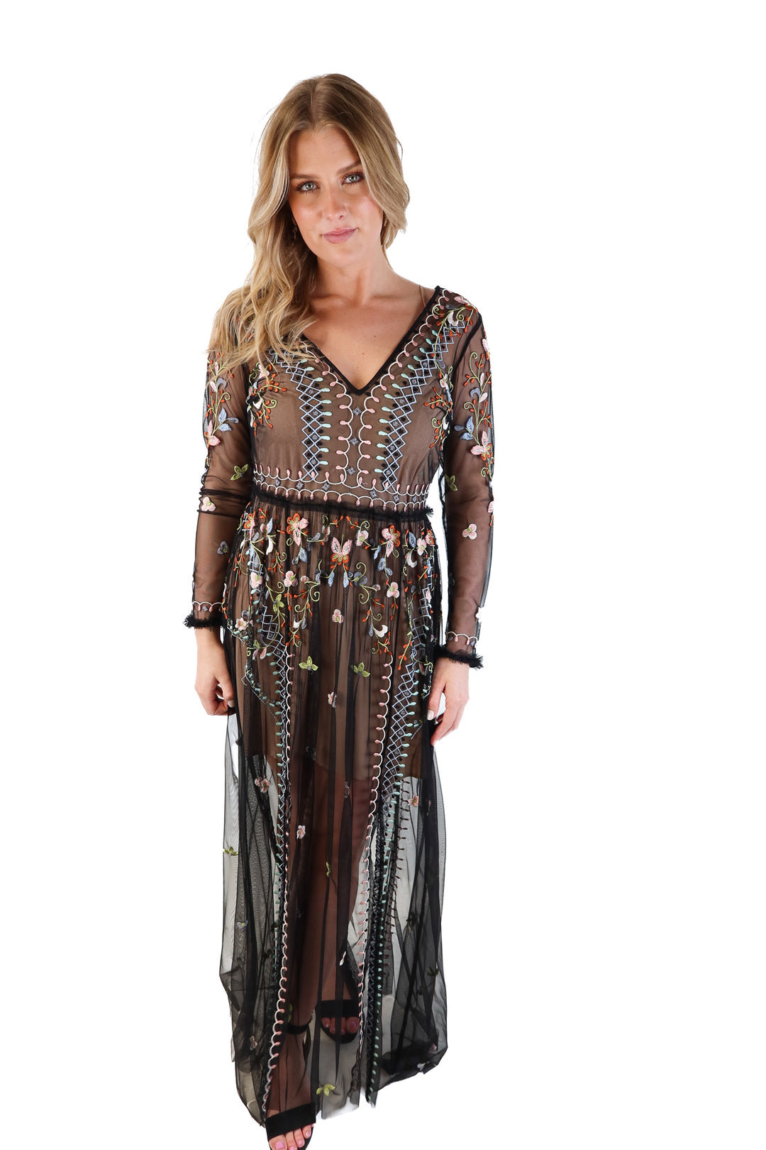 French Connection Floral Black Mesh Maxi Dress (6; retail $238)