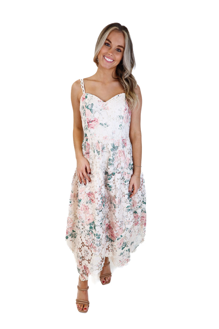 Just me crotchet floral midi dress (s; retail $56)