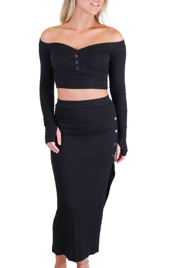 Alix NYC Black Knit Cropped Top & Midi Skirt Set (XS)