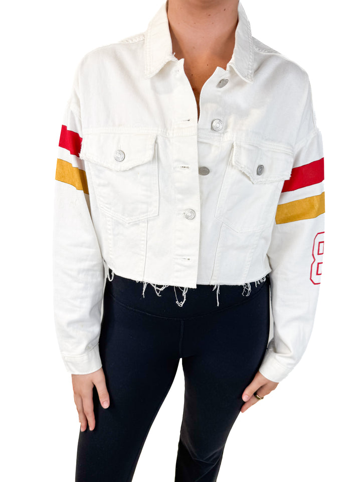 AUCTION denim designs by LV white gameday jacket (L)- ends 5/20 at 8pm CT