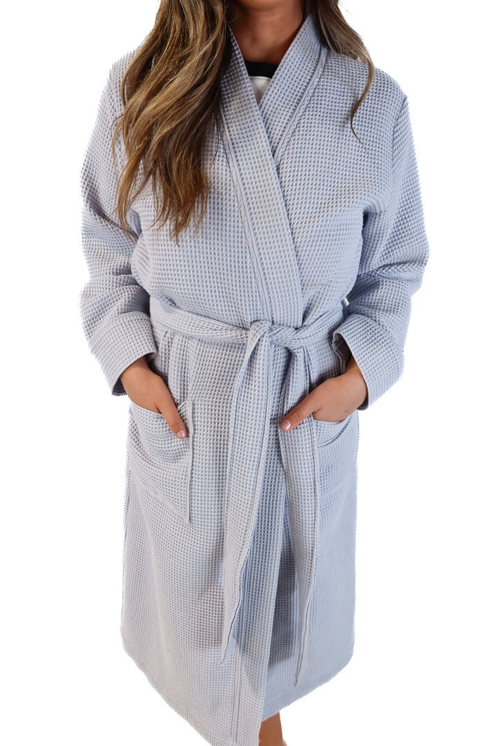 Haven blue waffle knit long robe (M; retail $138)