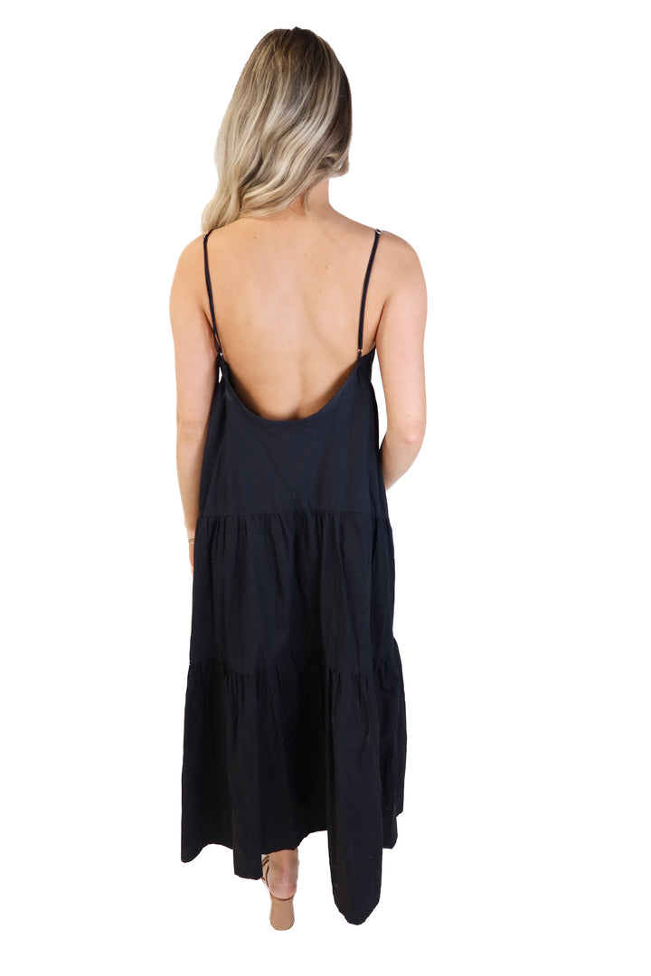 Aura black tiered midi dress (xs/s; retail $78)