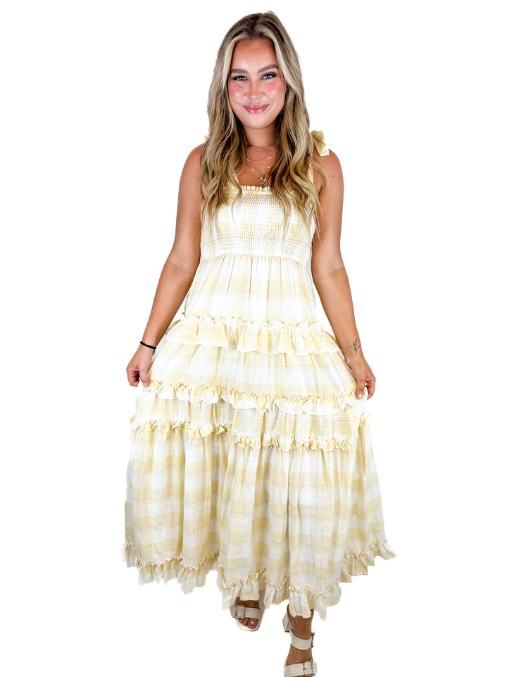 Storia Sunny Days Tiered Plaid Ruffle Smocked Maxi Dress (M)