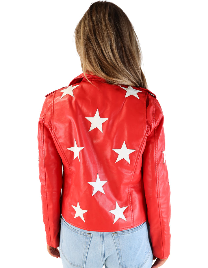 SOLD: Buddy love red with star vegan leather jacket (s; retail $134)