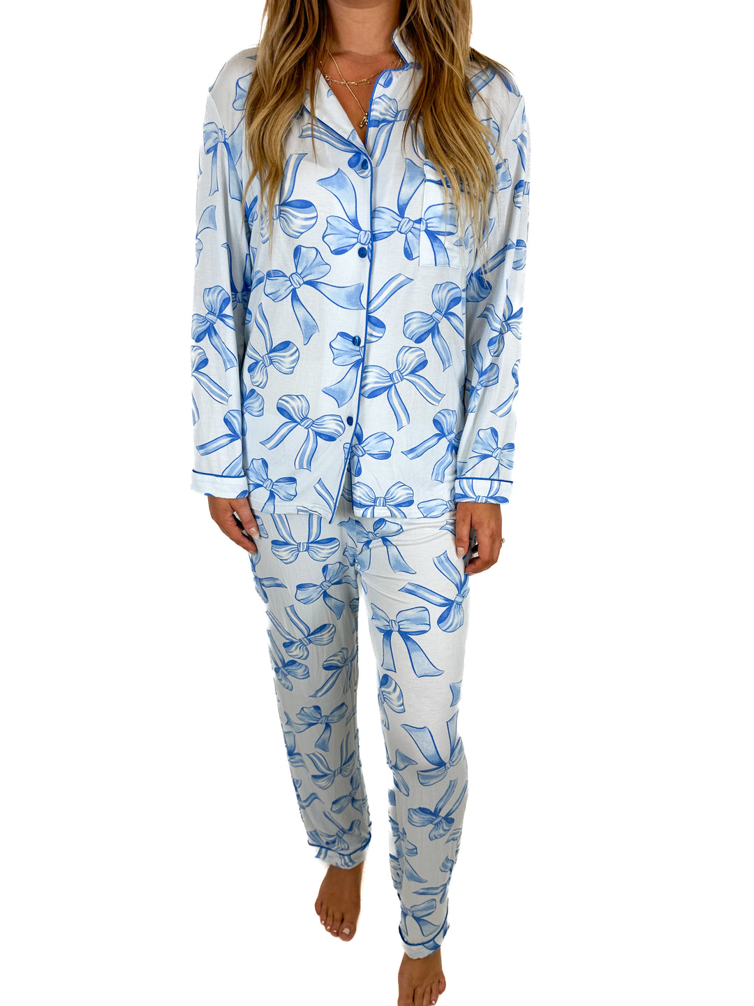 In My Sundays Bow Tie Print Long Sleeve Pajama Set (M)