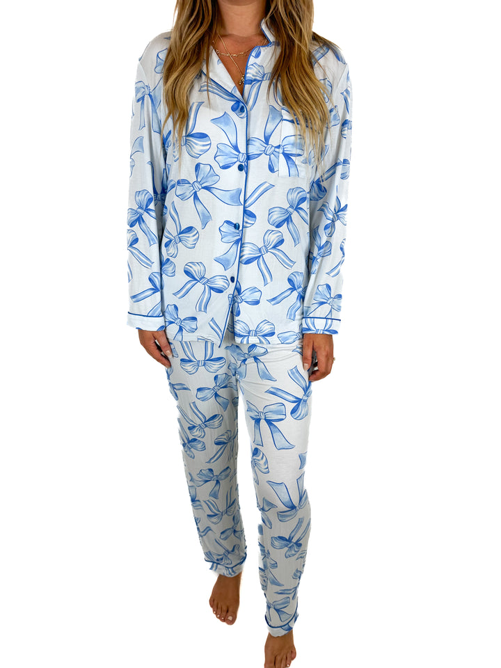 In My Sundays Bow Tie Print Long Sleeve Pajama Set (M)