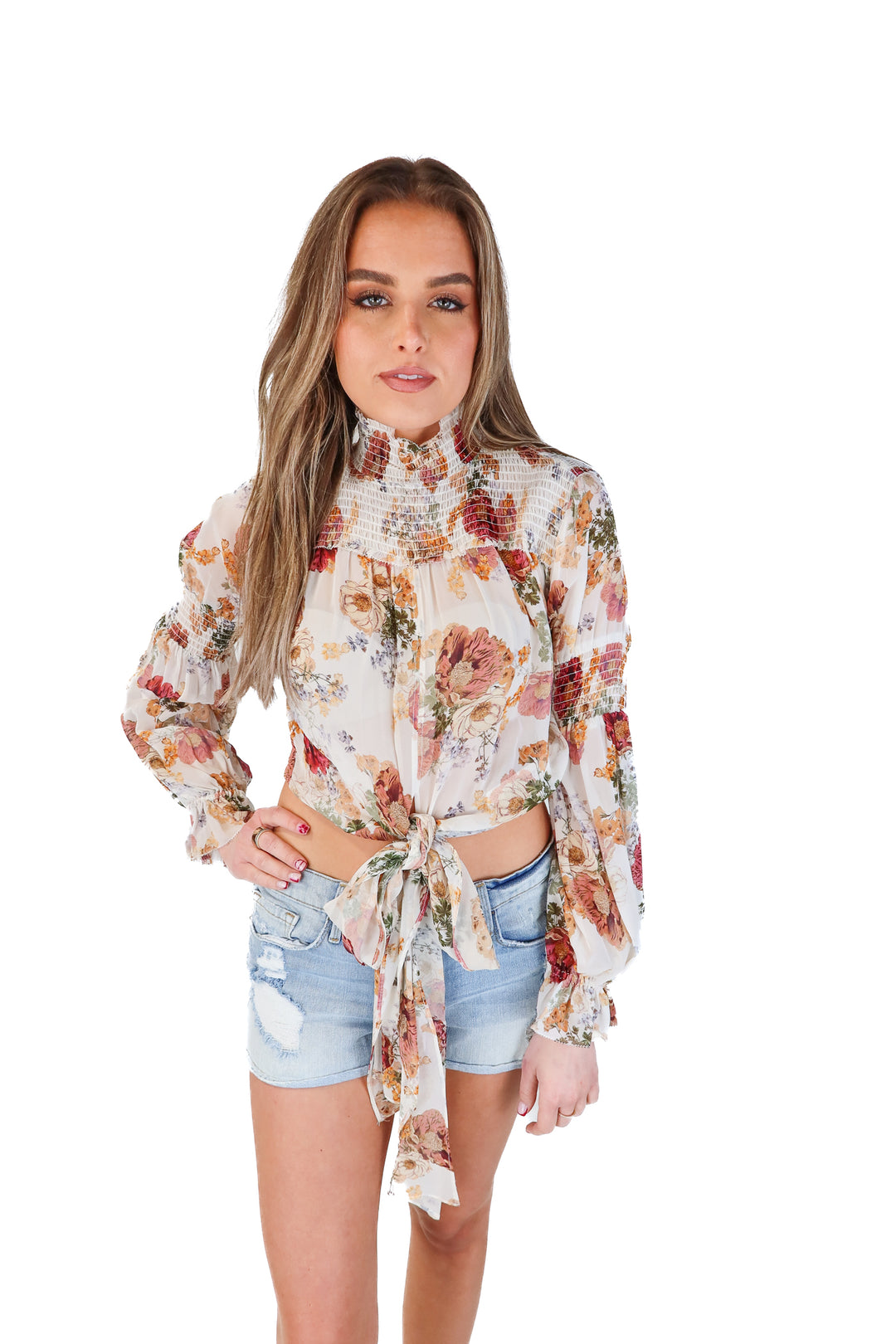Nicholas Floral Silk Chiffon Smocked Tie Front Blouse (4)