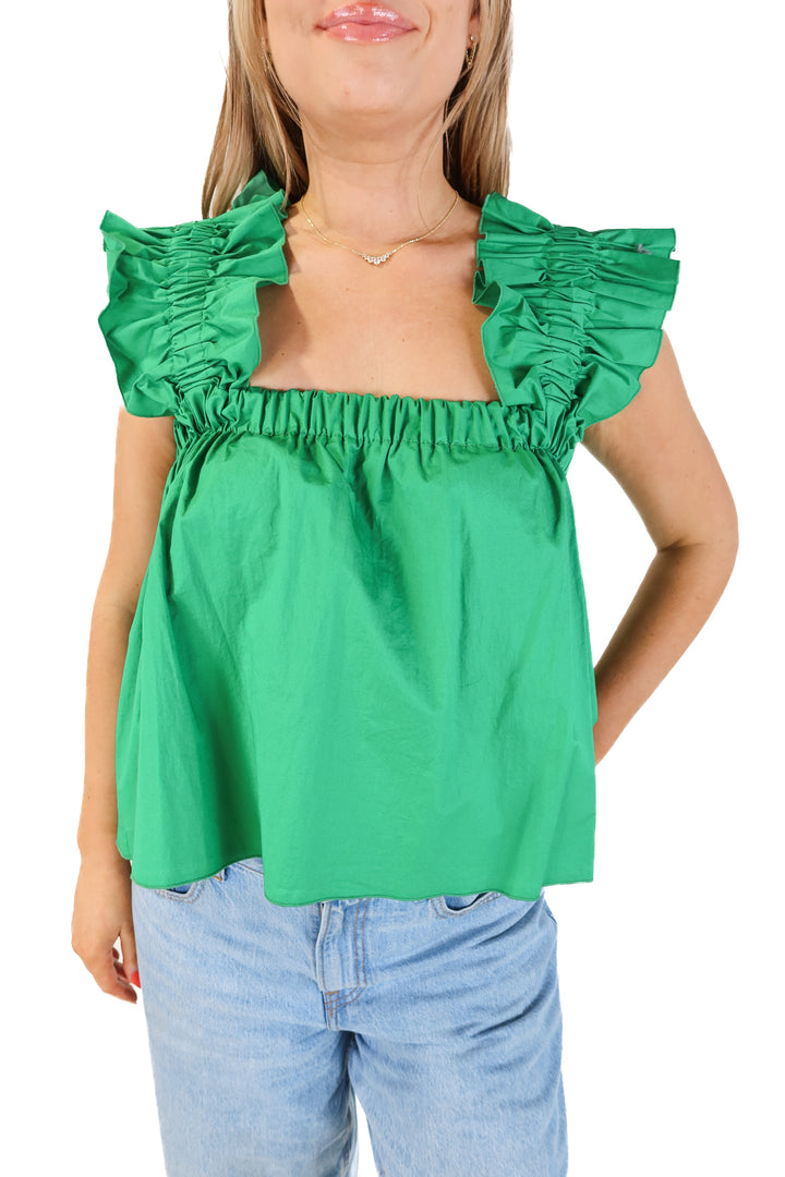 Monica nera green ruffle tank (M; retails for $230)