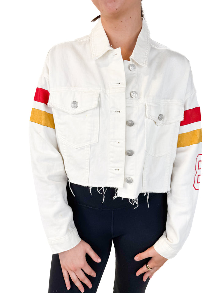 AUCTION denim designs by LV white gameday jacket (L)- ends 5/20 at 8pm CT