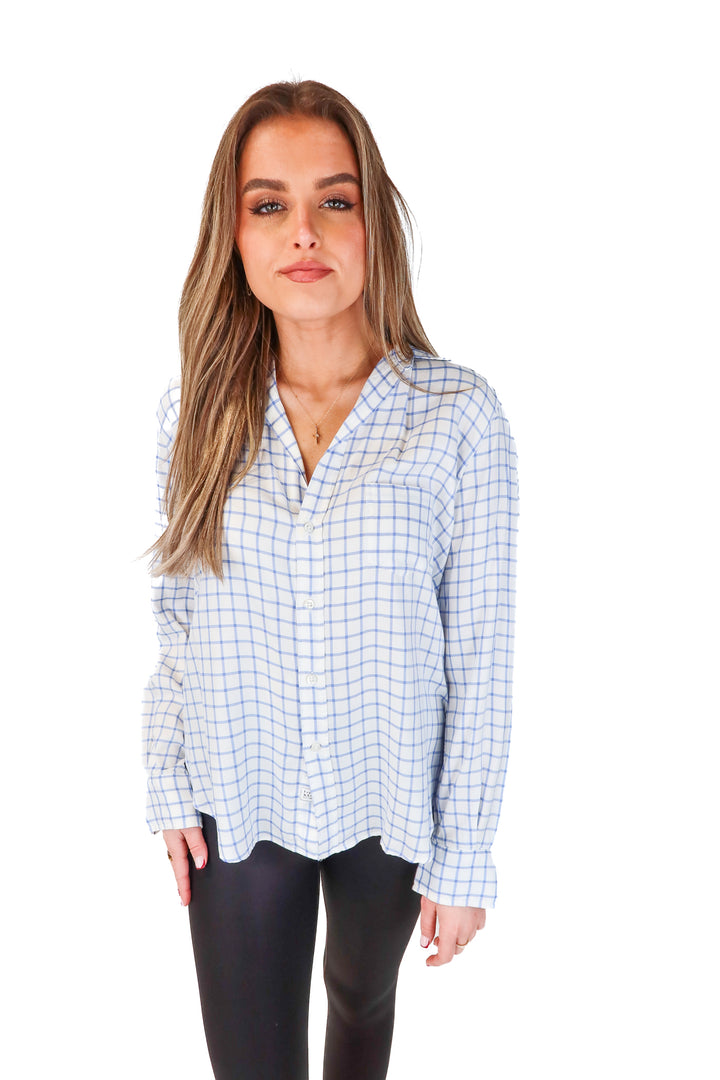 Frank & Eileen Blue/White Check Button Down Shirt (XS; $238)