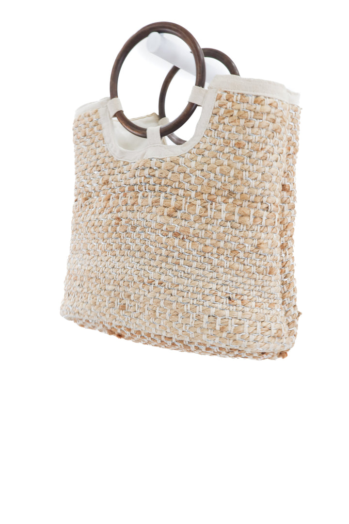 raffia and silver tote