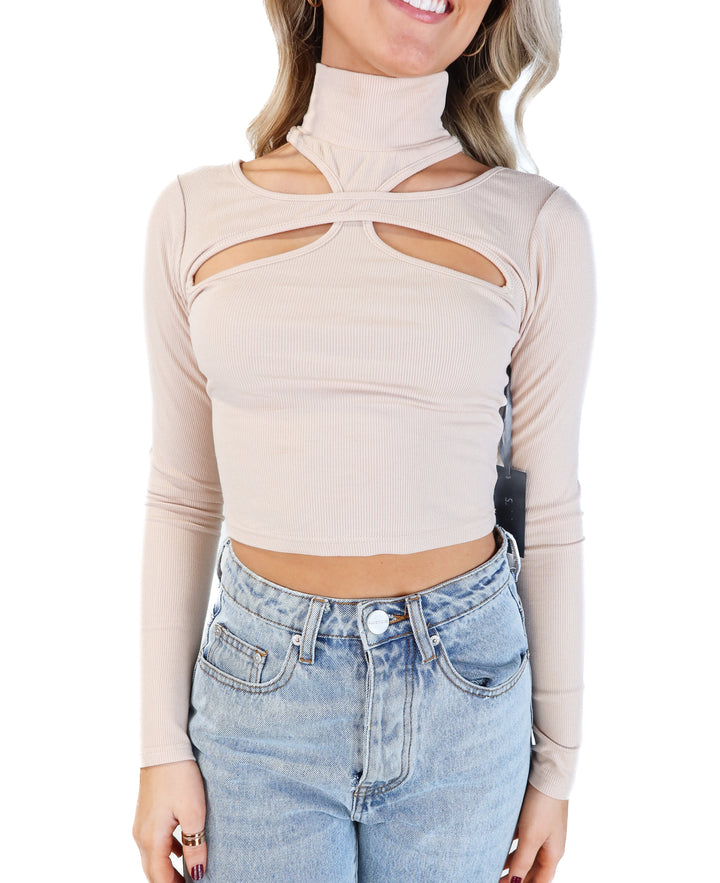 Hours beige cutout long sleeve top (s)