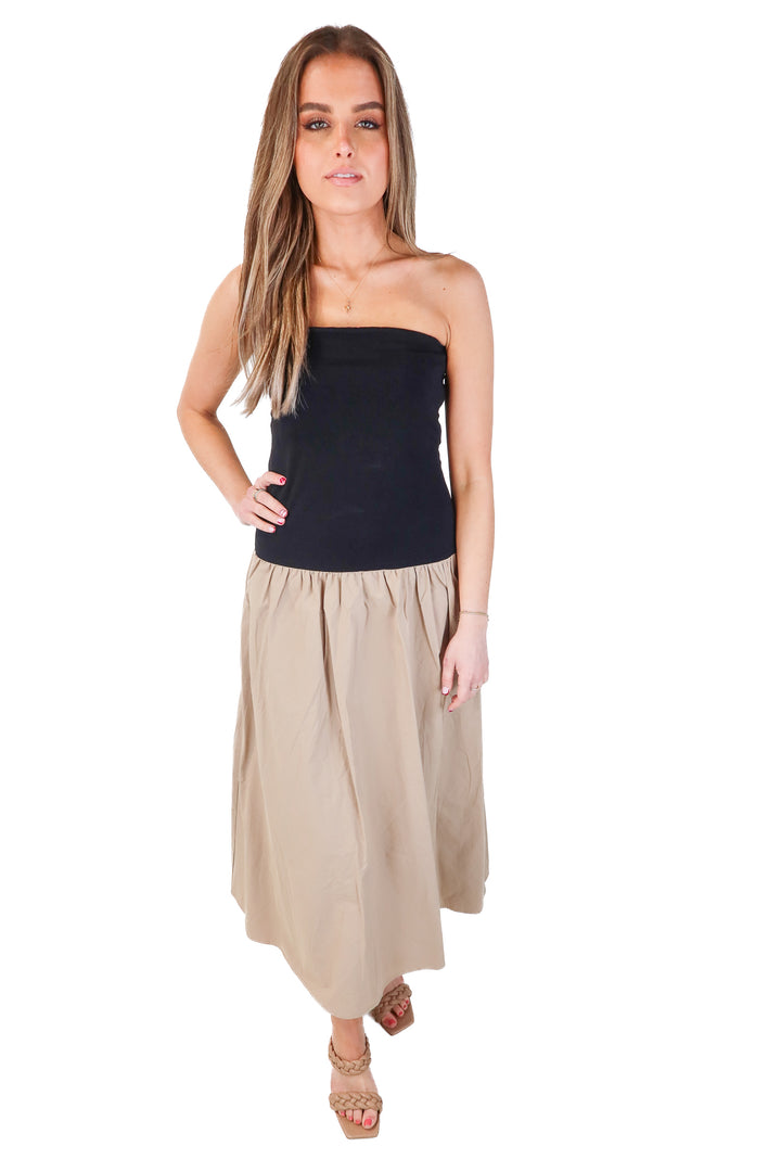 wayf brown/black strapless maxi dress NWT (s)