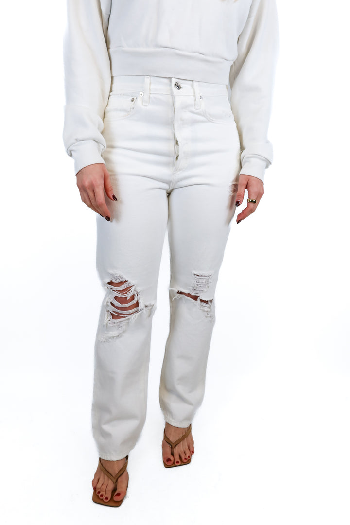 agolde white distressed straight leg jeans (26; retail $218)