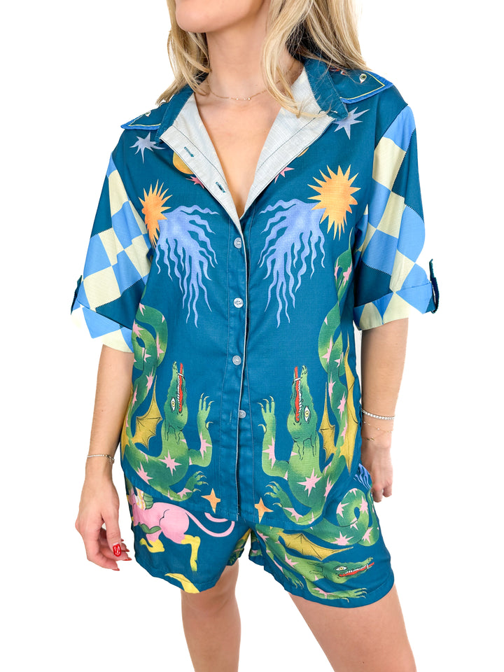 Button Down Unique Print Matching Shirt And Shorts Set (S)