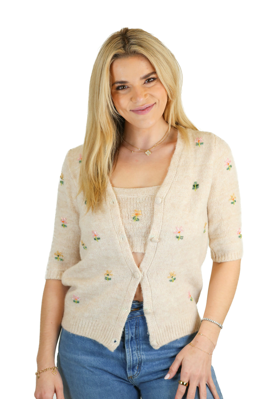 Goodnight Macaroon Beige Beaded Cropped Cami & Sweater Set (S)