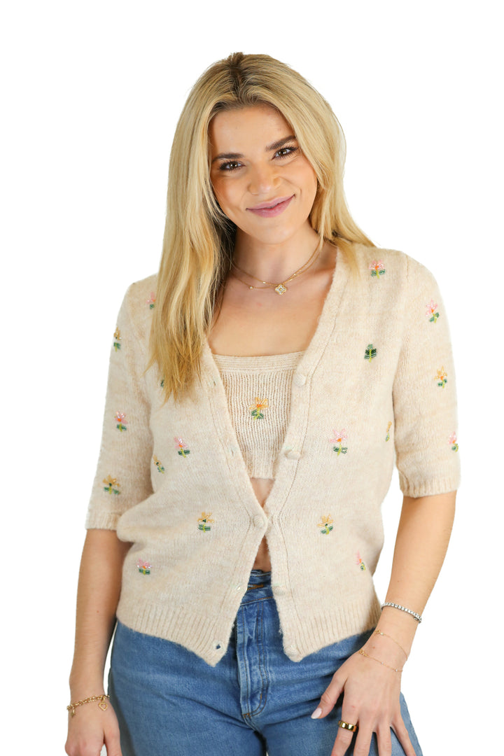 Goodnight Macaroon Beige Beaded Cropped Cami & Sweater Set (S)