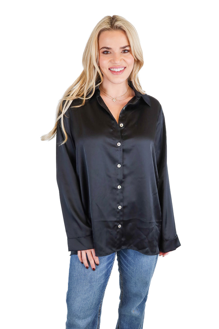Show Me Your Mumu black satin button down NWT (S)