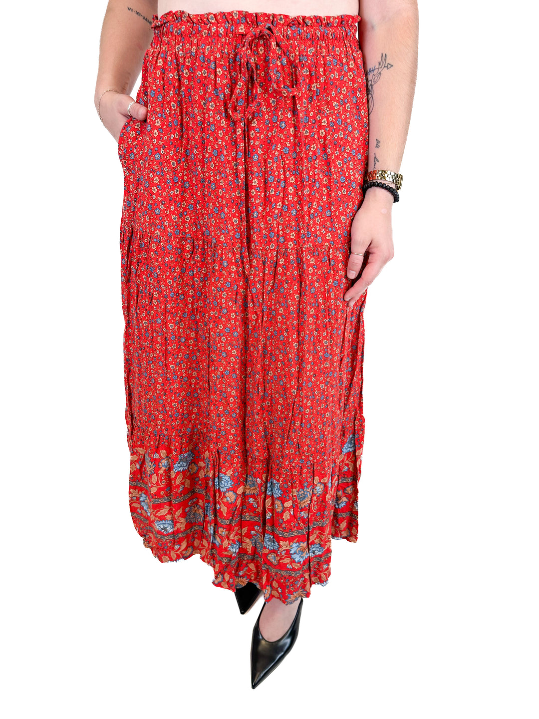 Zesica Red, Tan & Blue Floral Maxi Skirt (S)