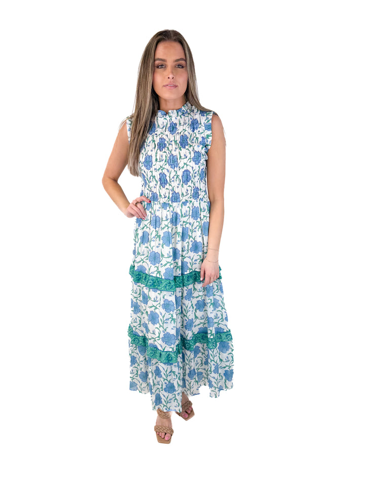 SOLD: oliphant blue/green floral maxi dress (xs; retail $298)
