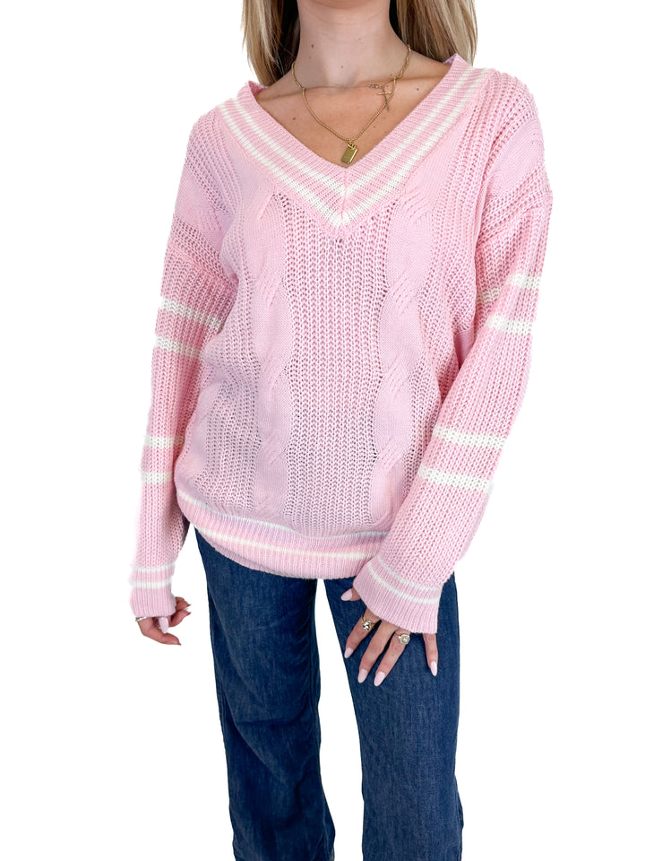 More To Come Pink V-neck Cable Knit Sweater (S)