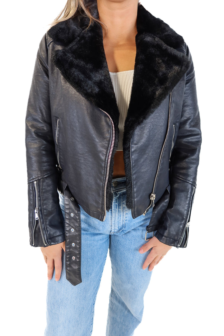 Forever21 black leather jacket with fur lining NWT (M; retails for $49.90)