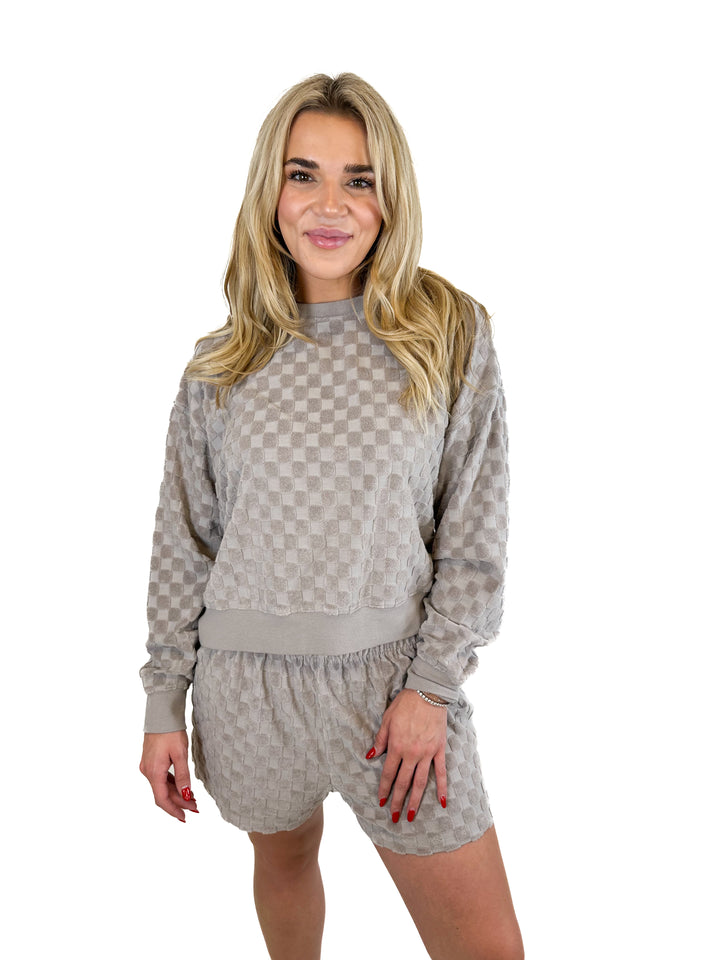 Rylee + Cru Cloud Check French Terry Top and Shorts Set (S)