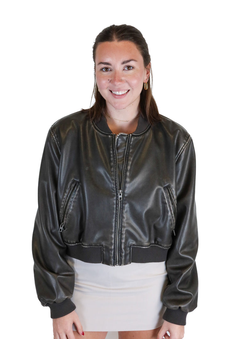 Zara Dark Greyish Brown Vegan Leather Bomber Jacket (XL)