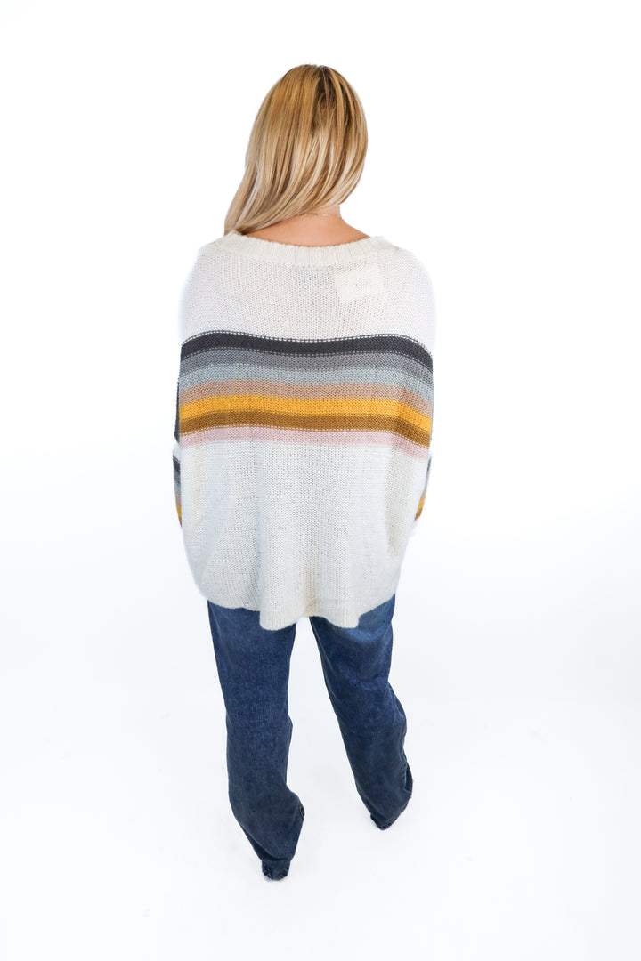 Wooden Ships white/multi colored striped knit sweater (S/M; retail $142)