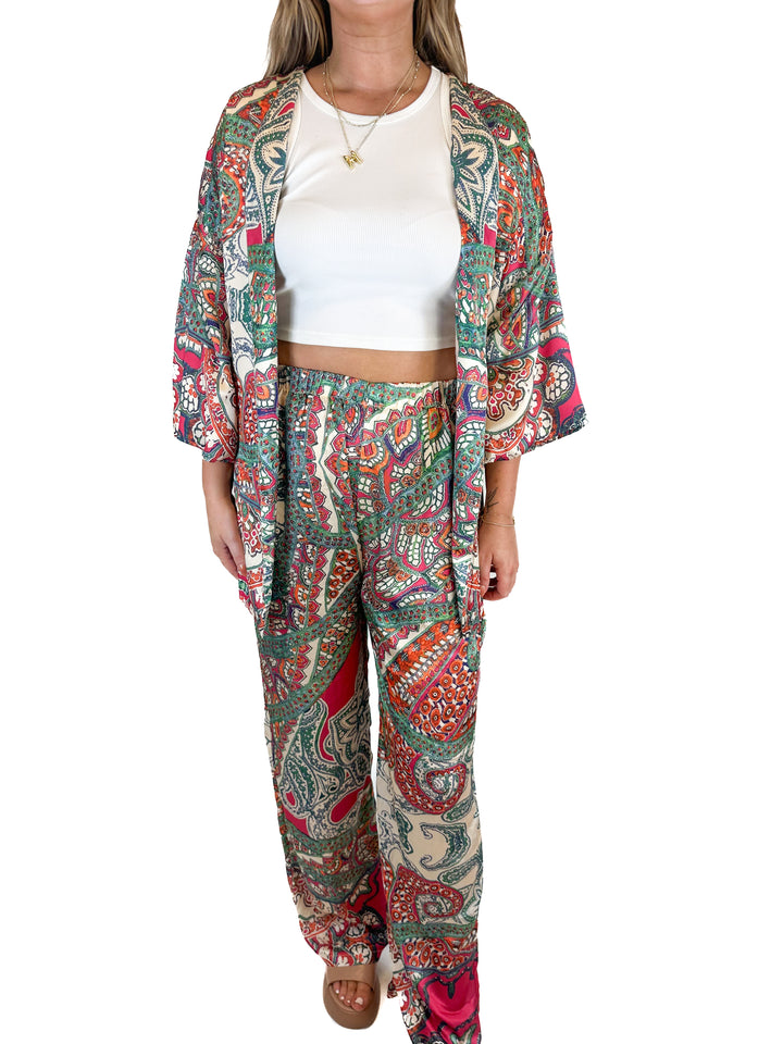 Fashion Nova Paisley Kimono and Pant Set (L)