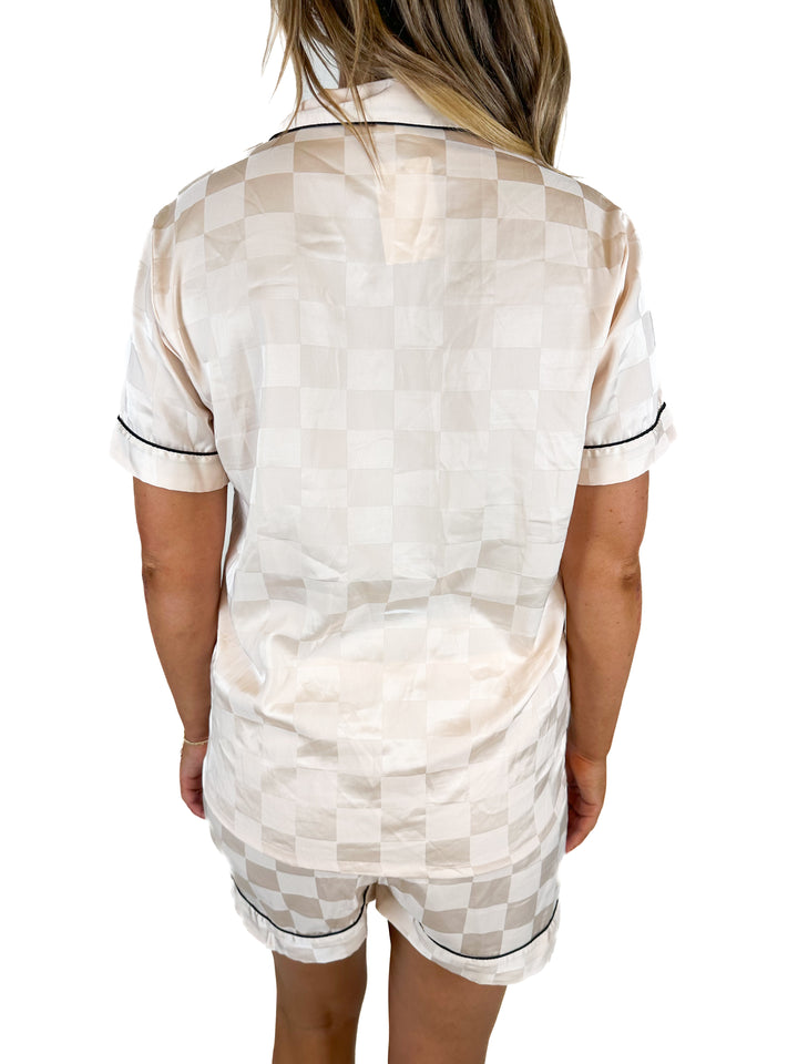 Satin Collared Button-Up Short Sleeve Top & Shorts Pajama Set (M)