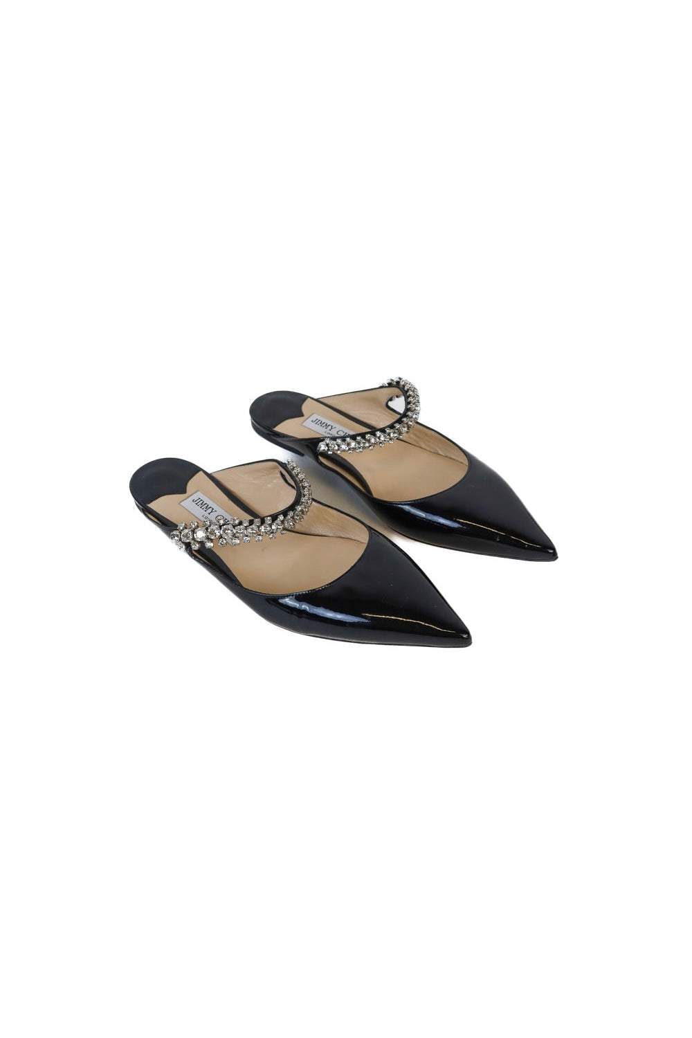 Jimmy Choo bing Black Patent Leather Mules with Crystal Strap (39; retail $1095)