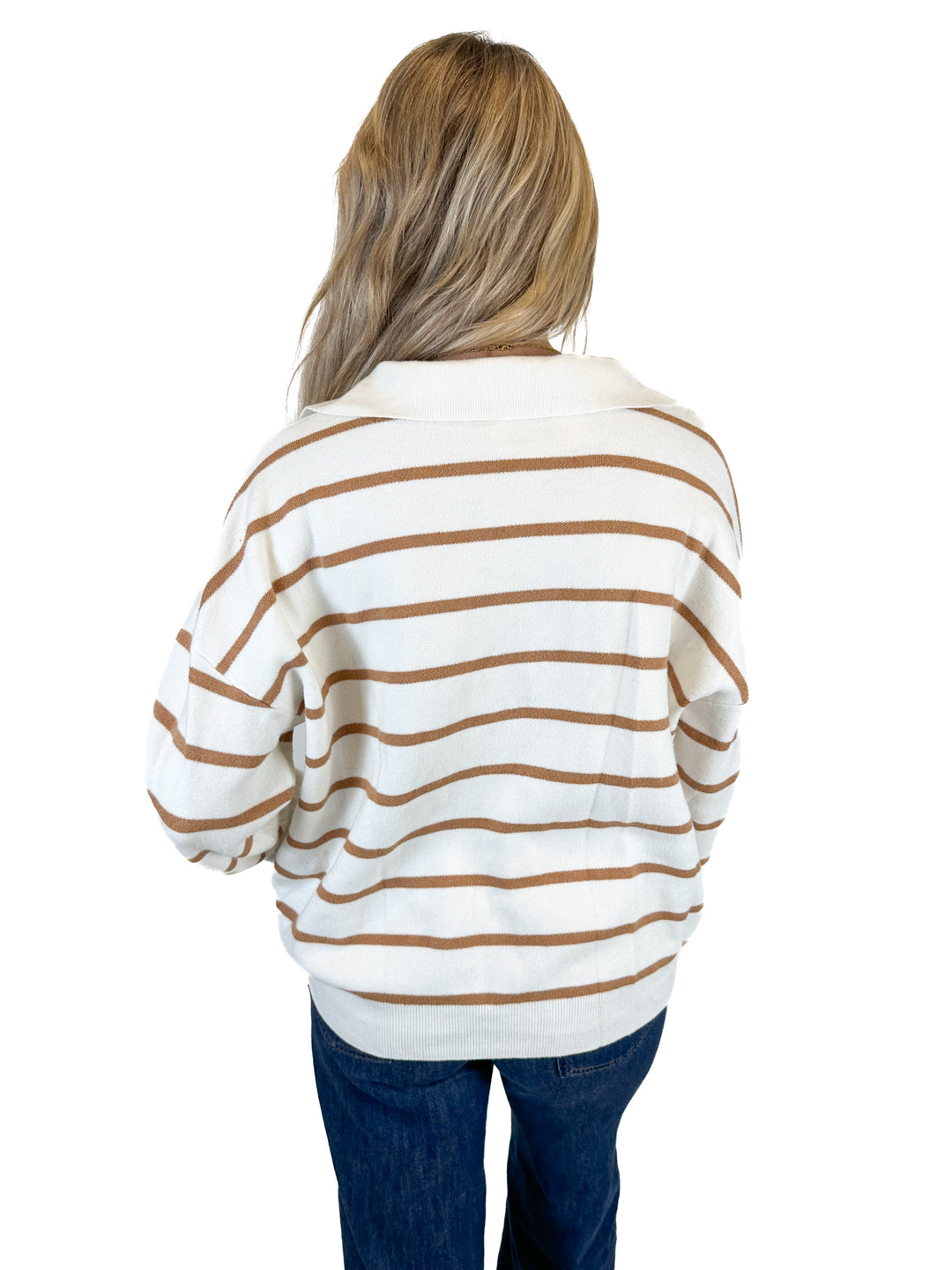 Fashion Polo Style White/Brown Striped Long Sleeve Sweater (L)
