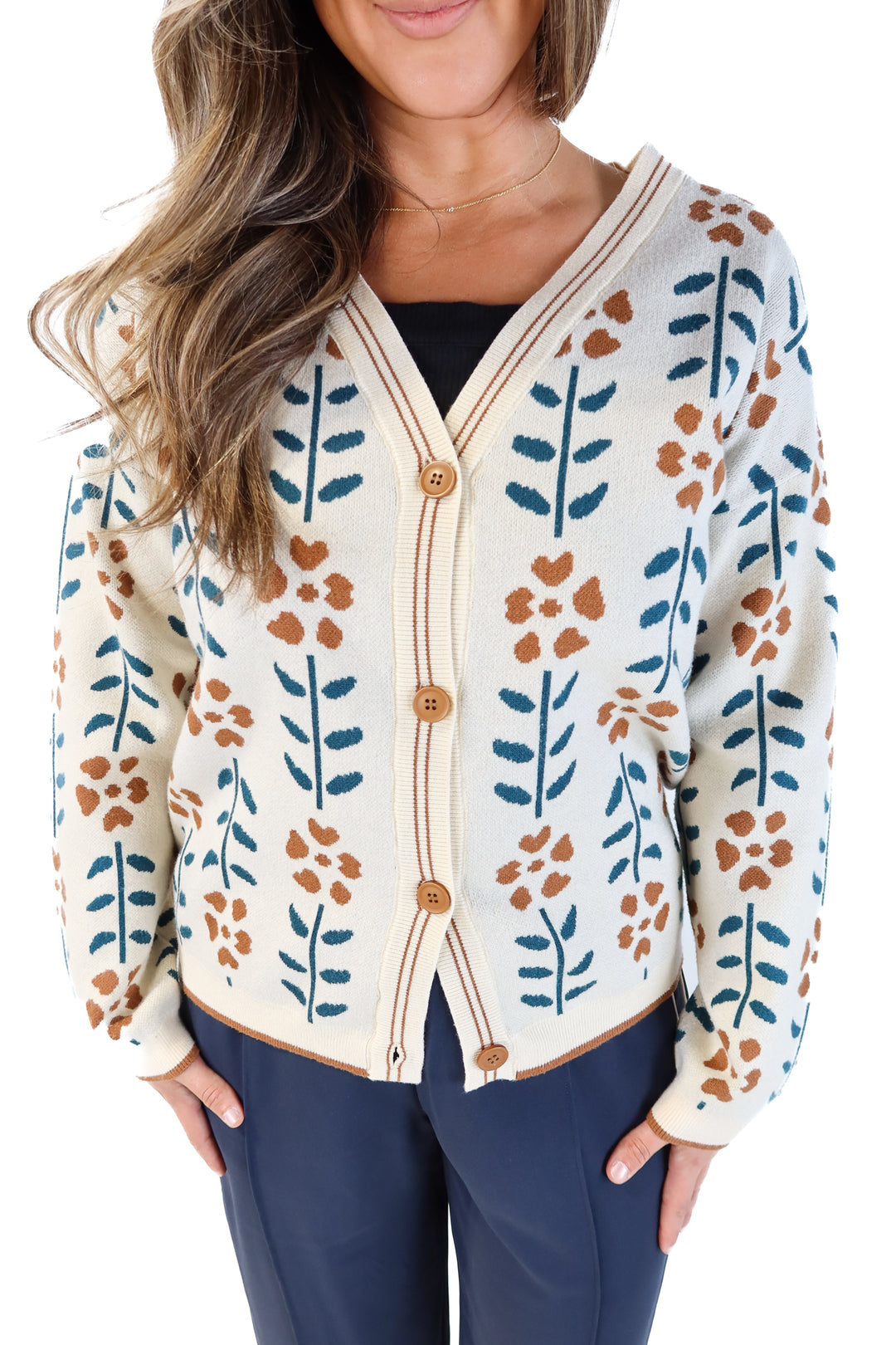 Beige floral/striped cardigan (L)