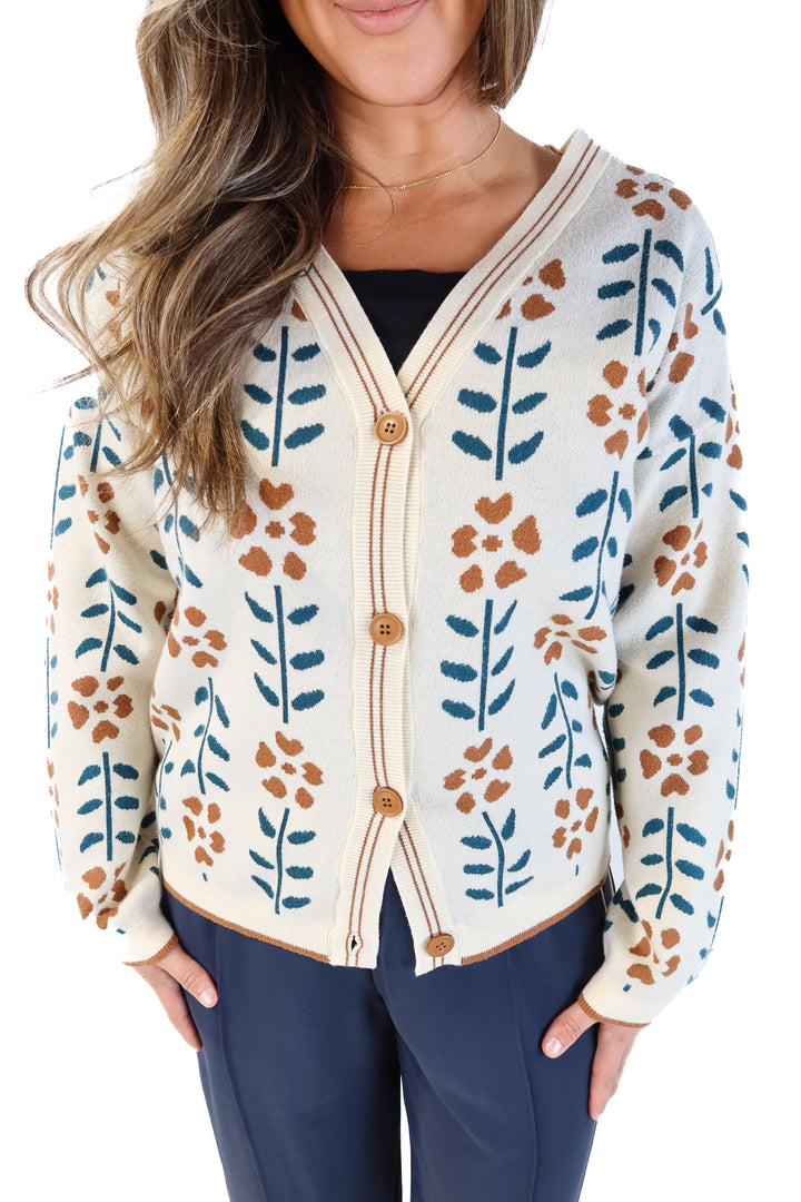 Beige floral/striped cardigan (L)