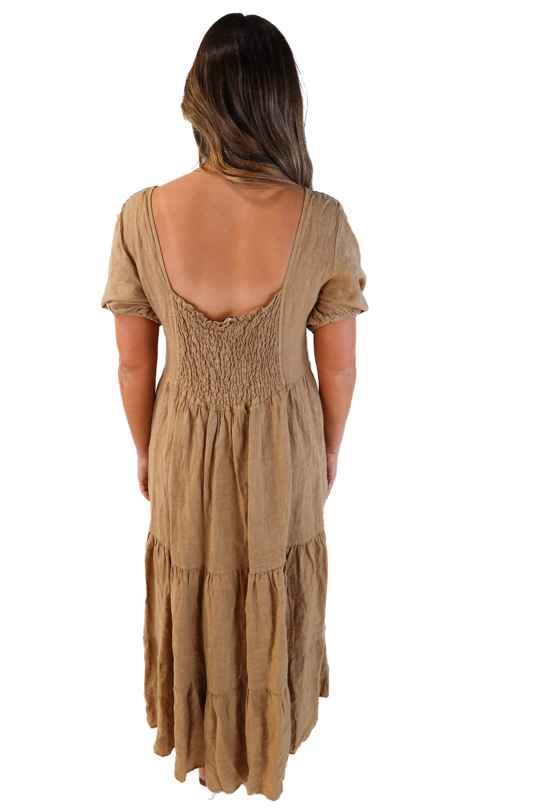 Beachwood brown linen tiered maxi dress (L/XL*; retails for $198)