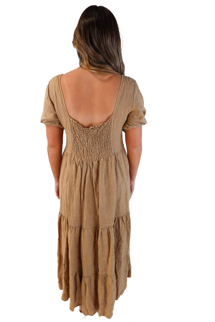 Beachwood brown linen tiered maxi dress (L/XL*; retails for $198)