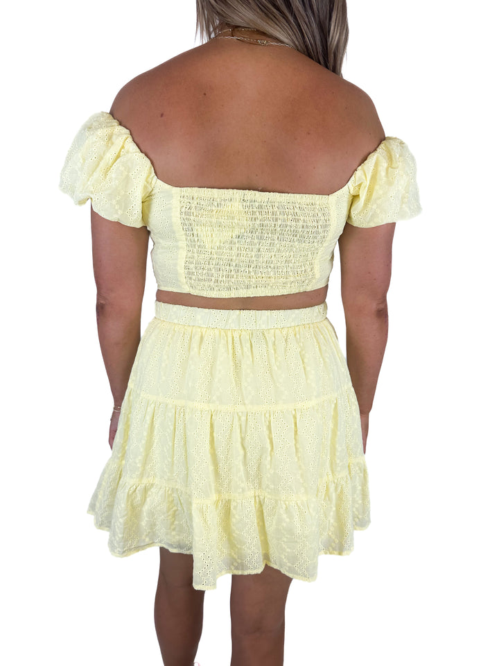 Wild Fable Puff Cap Sleeve Yellow Eyelet Corset Top & Tiered Skirt Set (S Top, M Skirt)